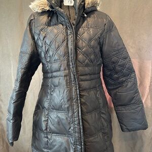 Guess Black Puffer Coat with Faux Fur Hood